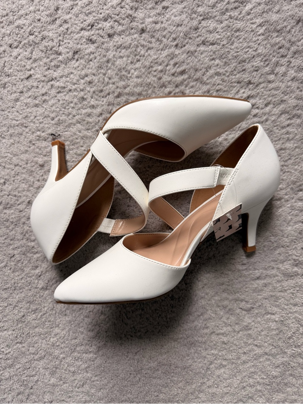White Pointed-Toe Crisscross Mid Heel Pumps -  Women